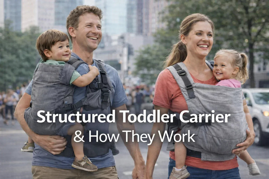 Structured toddler carrier with padded waistband and shoulder straps designed for quick, repeatable buckle fit