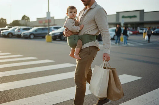 Toddler hip carrier in use: parent carrying toddler on hip during grocery store parking lot errand while holding shopping bags