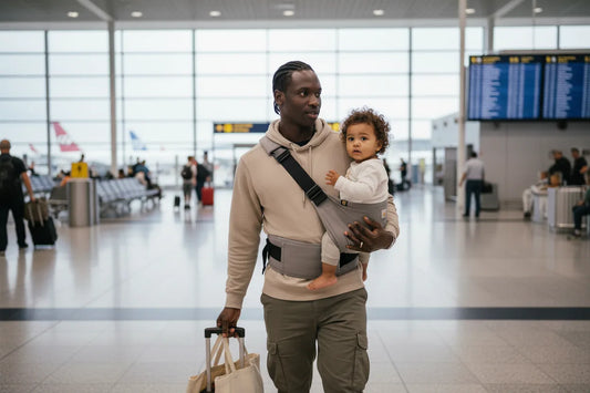Toddler hip carrier with structured seat base: parent carrying toddler on hip seat during errand with visible waist belt