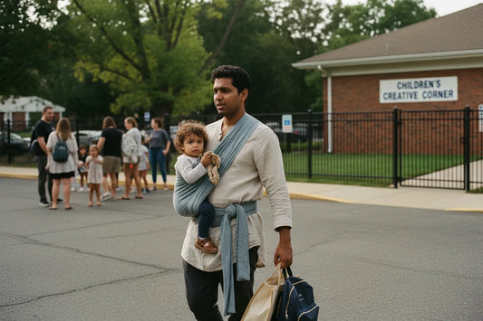 Shoulder carrier for toddler: parent using single-shoulder sling carrier for quick hip carry during daycare drop-off