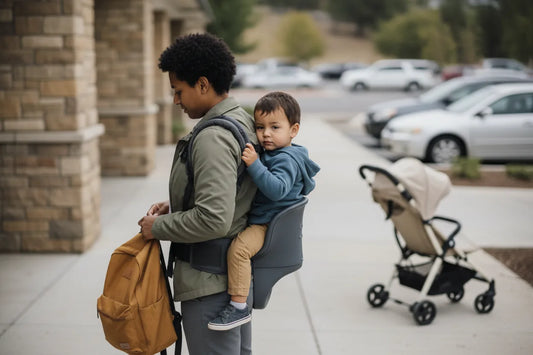 Hip seat carrier with structured seat base: parent carrying toddler on waist-mounted perch during daycare pickup