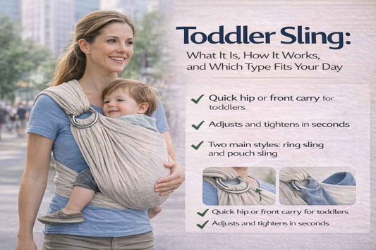 Introductory hero graphic explaining toddler slings, featuring ring sling and pouch sling hip carries and the title ‘Toddler Sling: What It Is, How It Works, and Which Type Fits Your Day.